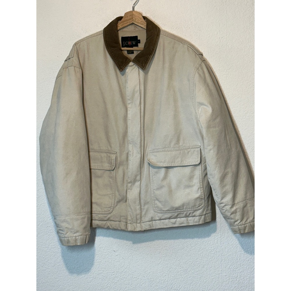 J.Crew Mens Beige Cotton Canvas Goose Down Filled Barn Jacket Corduroy Collar L